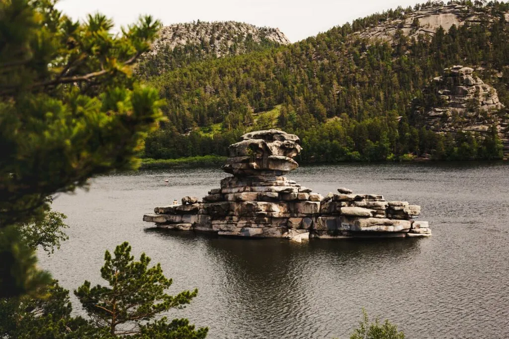 Scenic Burabay lake surrounded by mountains
